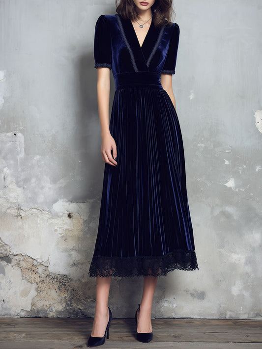 Retro Puff Sleeve Navy Velvet Lace Trim Midi Dress
