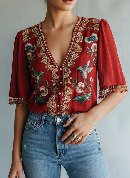 Elegant Embroidered V-Neck Blouse - Hummingbird & Floral Design