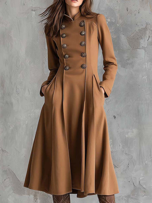 Vintage Camel Double-Breasted Midi Coat Dress