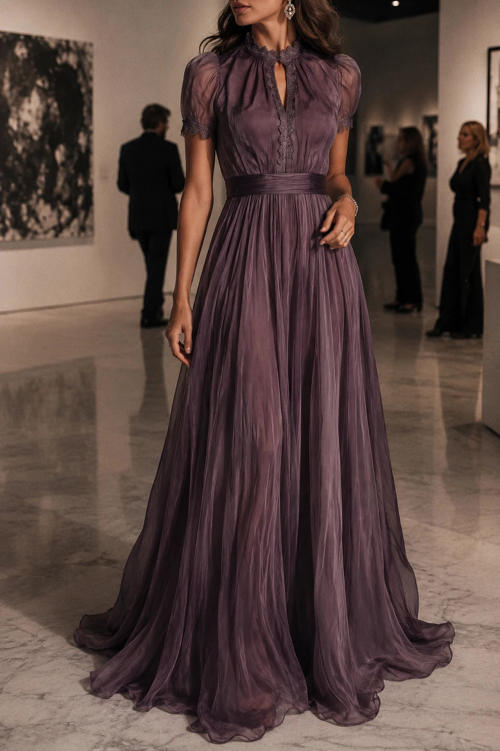 Retro Keyhole Collar Chiffon Maxi Dress With Lace