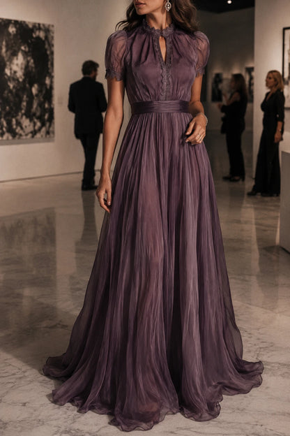 Retro Keyhole Collar Chiffon Maxi Dress With Lace