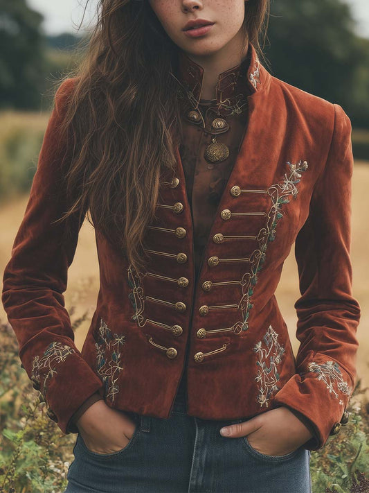 Burnt Red Baroque Embroidered Microsuede Officer Jacket