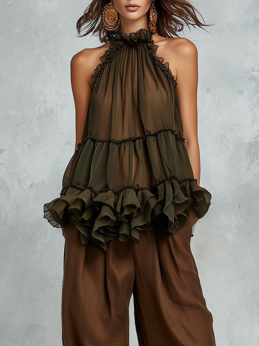 Vintage Double-layered Chiffon Sleeveless Blouse With Ruffles