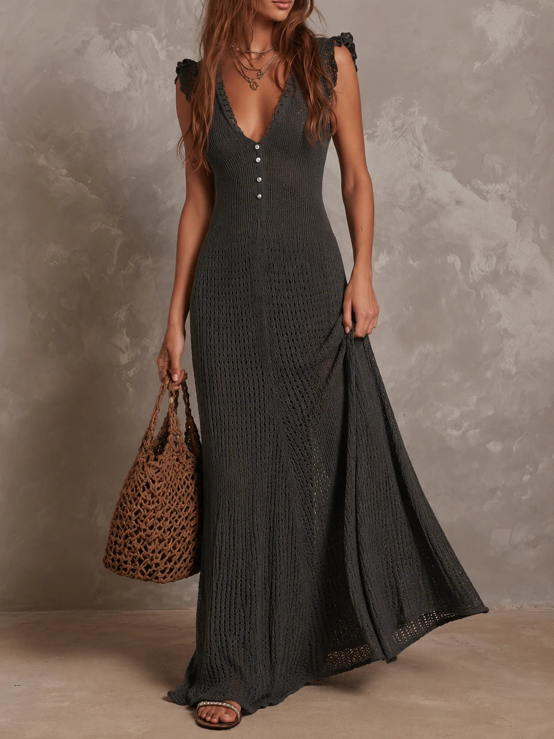 Retro Flutter Sleeves Flare Hem Knitted Maxi Dress