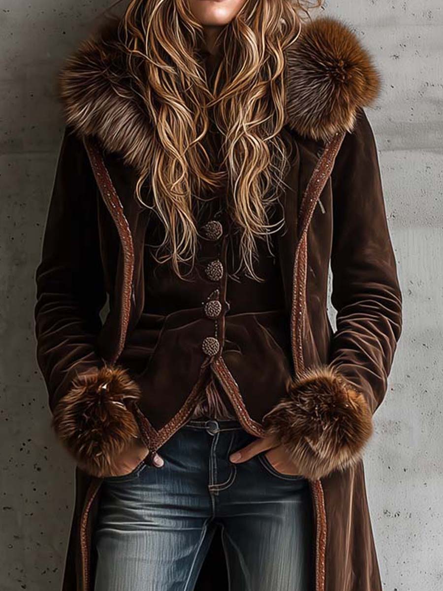 Brown Microfiber Suede Maxi Coat With Faux Fur Trim