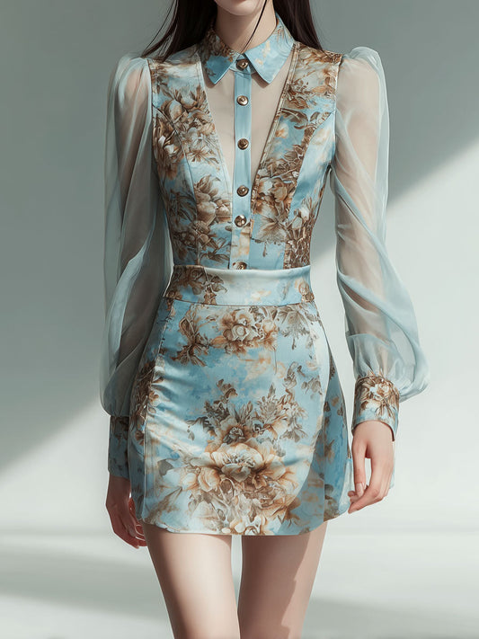 Vintage Sheer Sleeve Blue Floral Satin Mini Dress