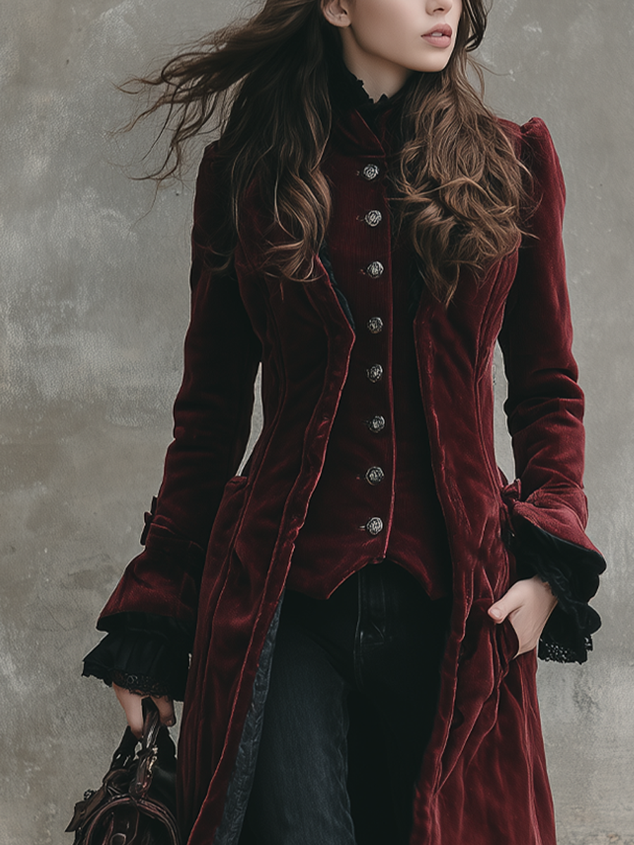 Vintage Lace Ruffle Cuffs Polyester Velvet Coat