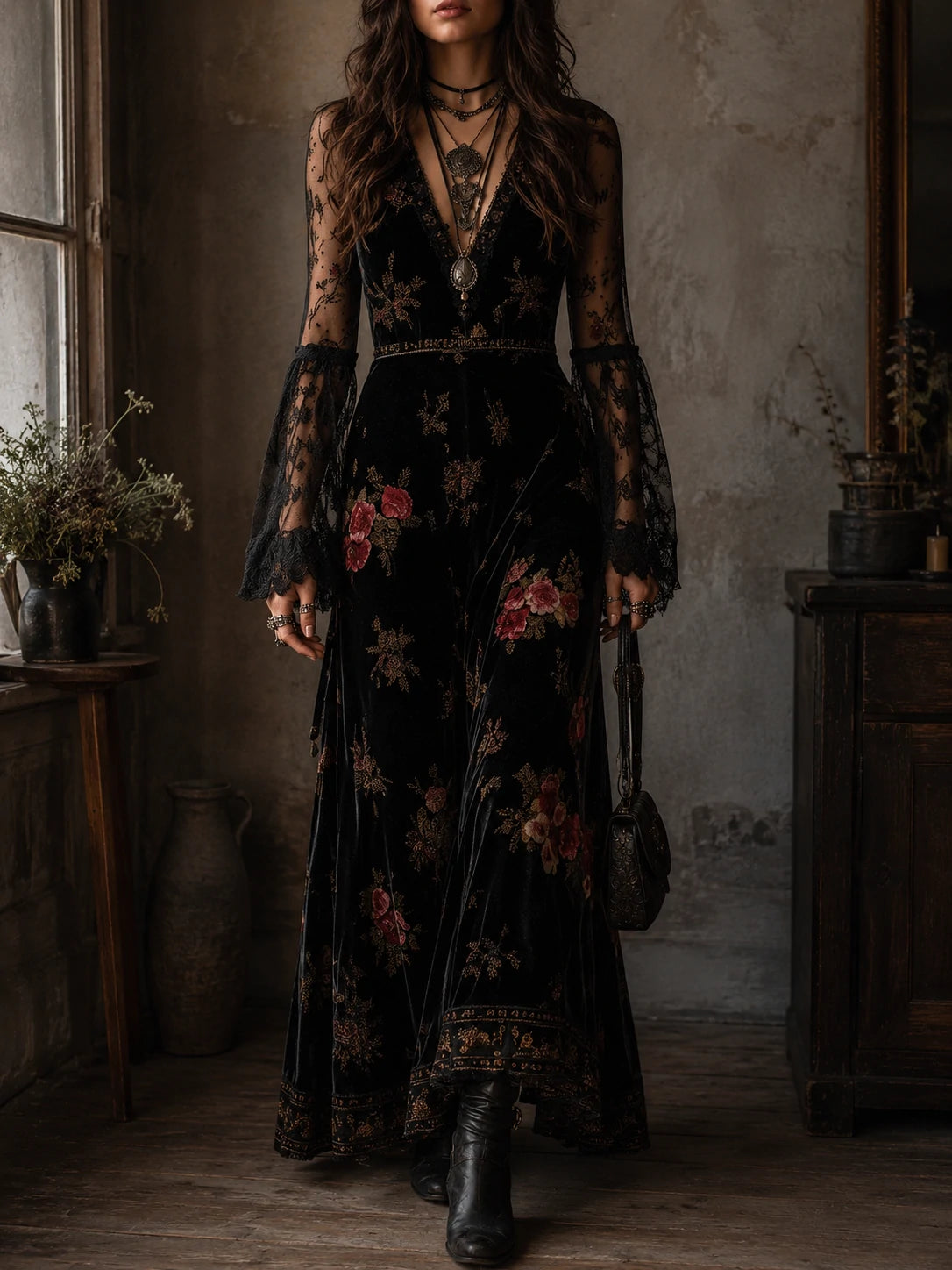 Vintage Black Velvet Floral Lace Sleeve Maxi Dress