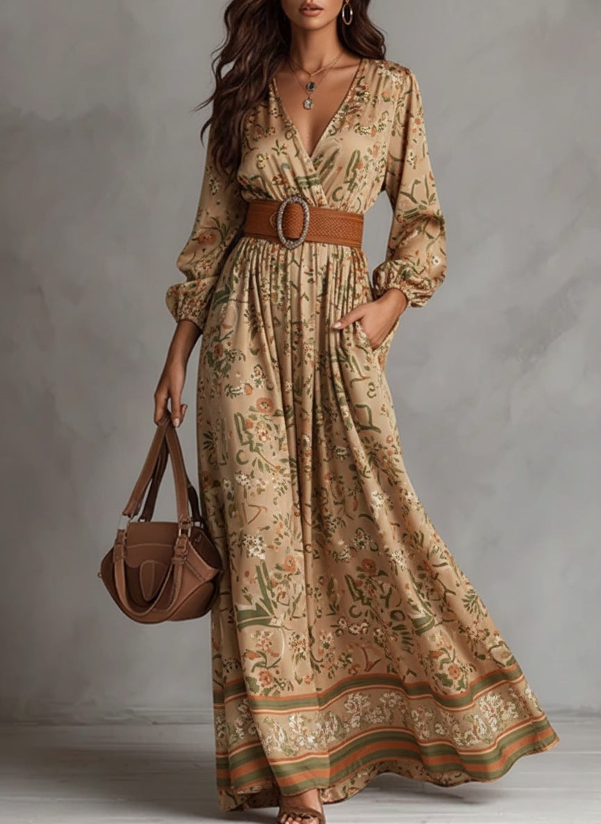 Boho Floral Print V-Neck Maxi Dress