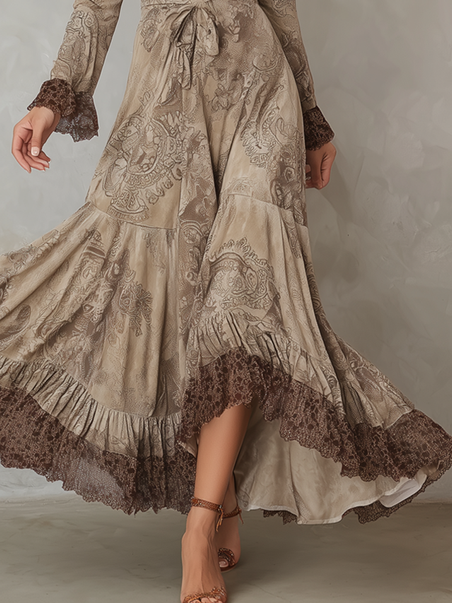 Vintage Paisley Lace Trim Polyester Suede Midi Dress