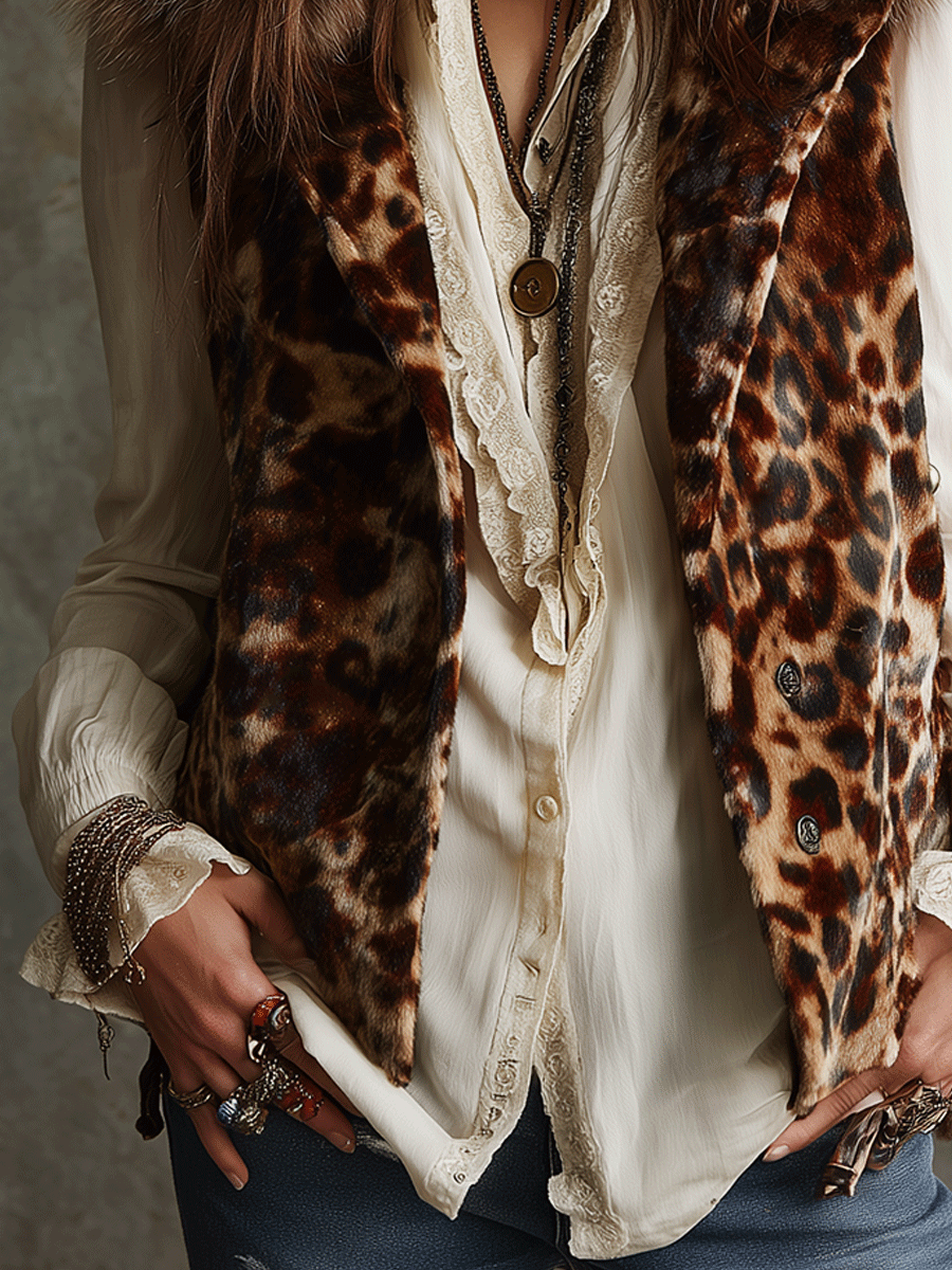 Retro Leopard Faux Fur Fox Collar Trim Vest