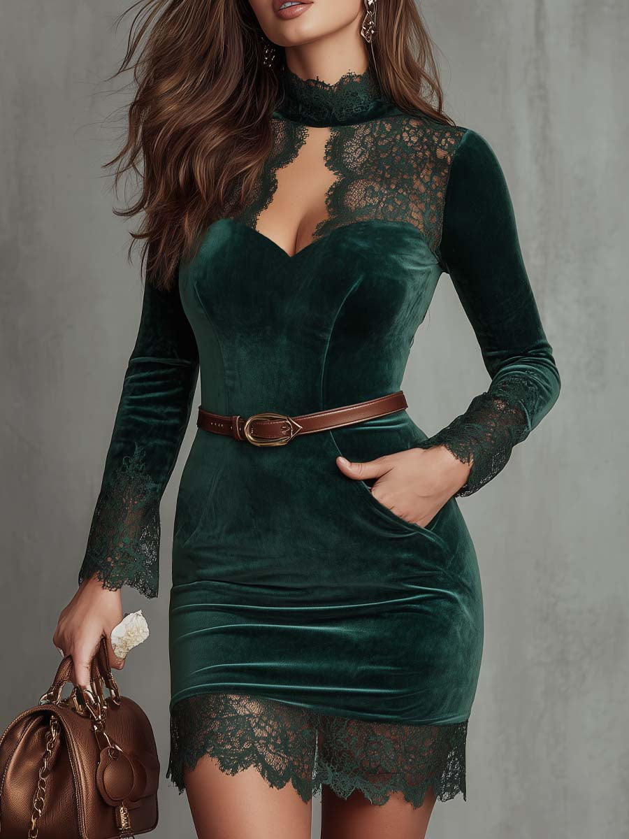 Vintage Keyhole Neck Lace Trim Polyester Velvet Mini Dress