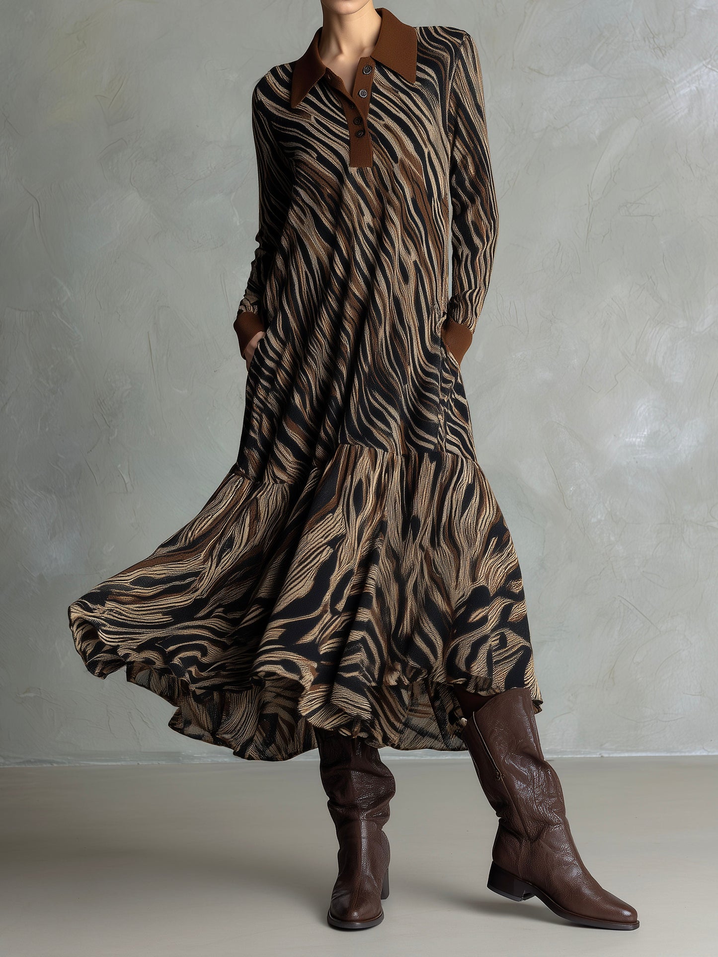 Zebra Print Maxi Dress – Long Sleeve Flowy Polo Dress With Button Front And Brown Collar