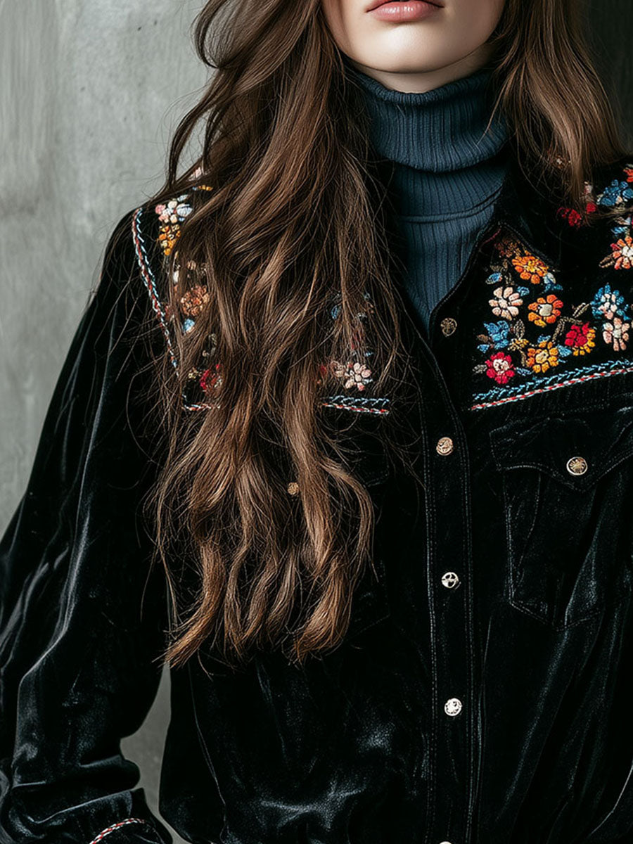 Boho Velvet Embroidered Button-Up Pockets Shirt