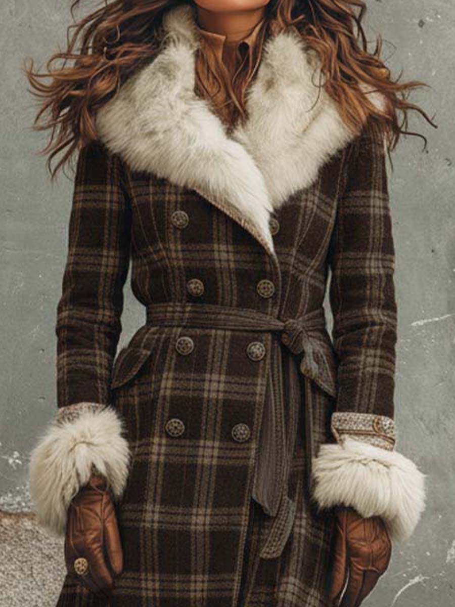Retro Brown Plaid Long Faux Fur Trim Coat