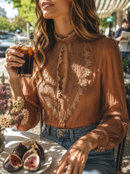 Elegant Keyhole Lace-Accent Blouse in Warm Cinnamon