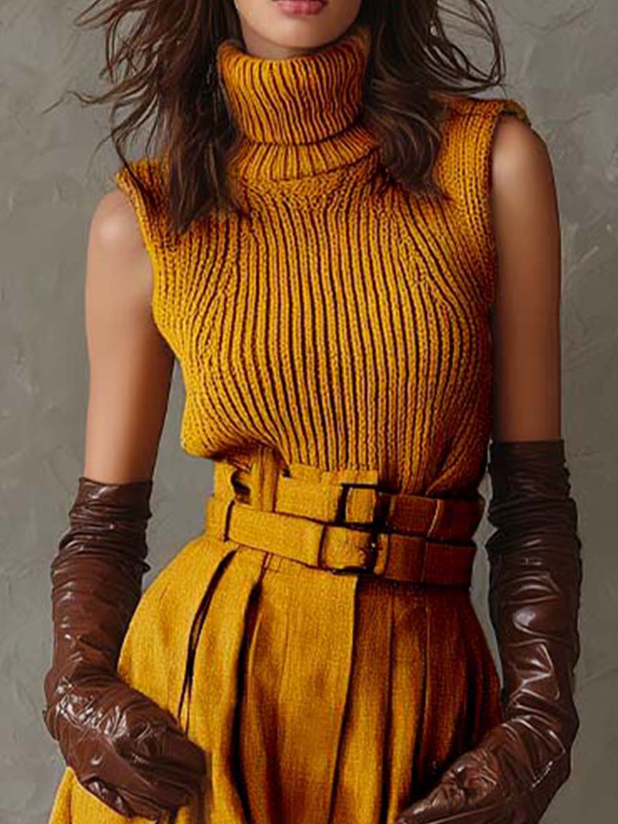 Sleeveless Turtleneck Knit Top & Wide-Leg Belted Pants Set