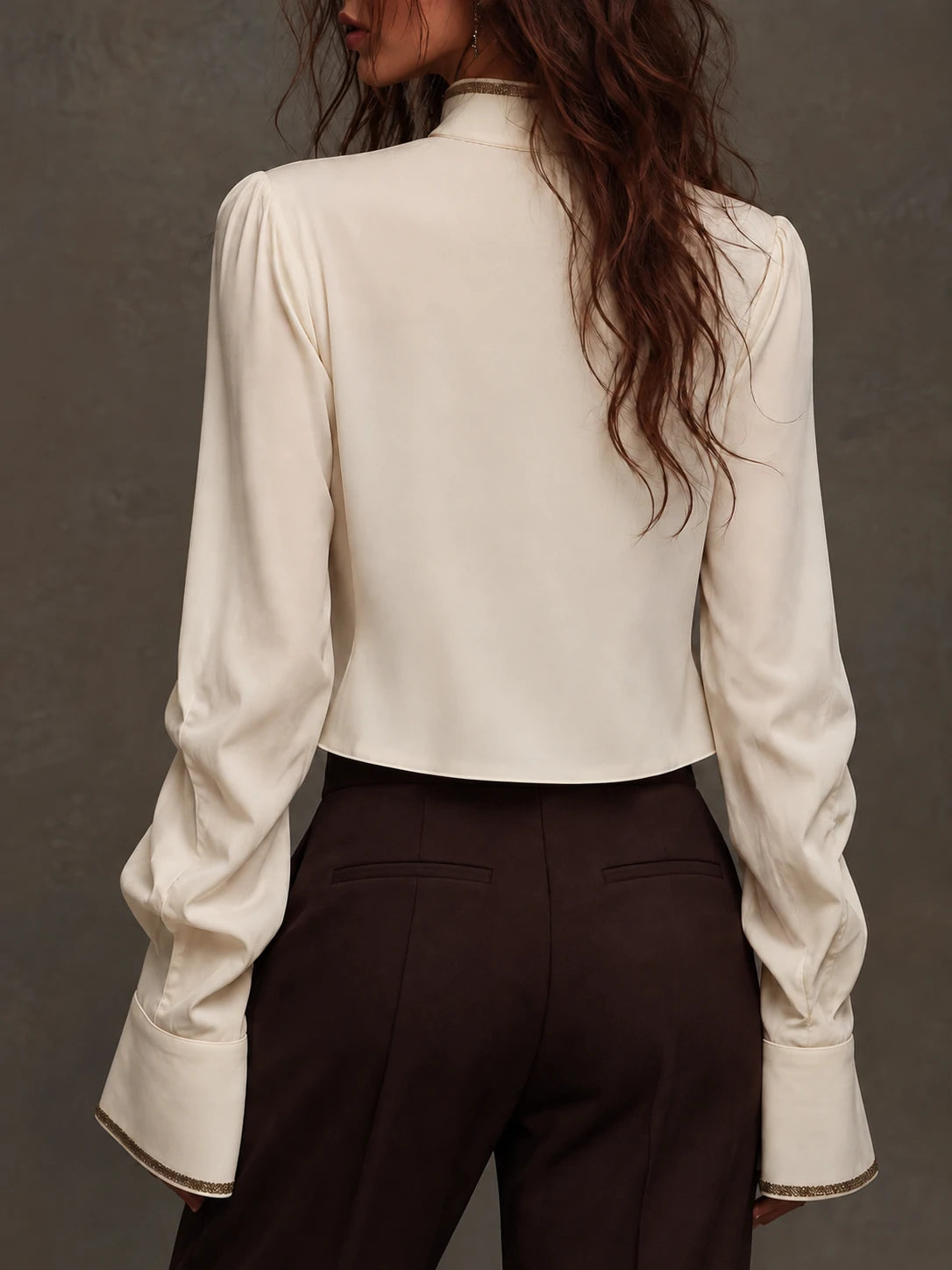 Pleated Front Blouse With Ribbon-Trimmed Collar And Cuffs