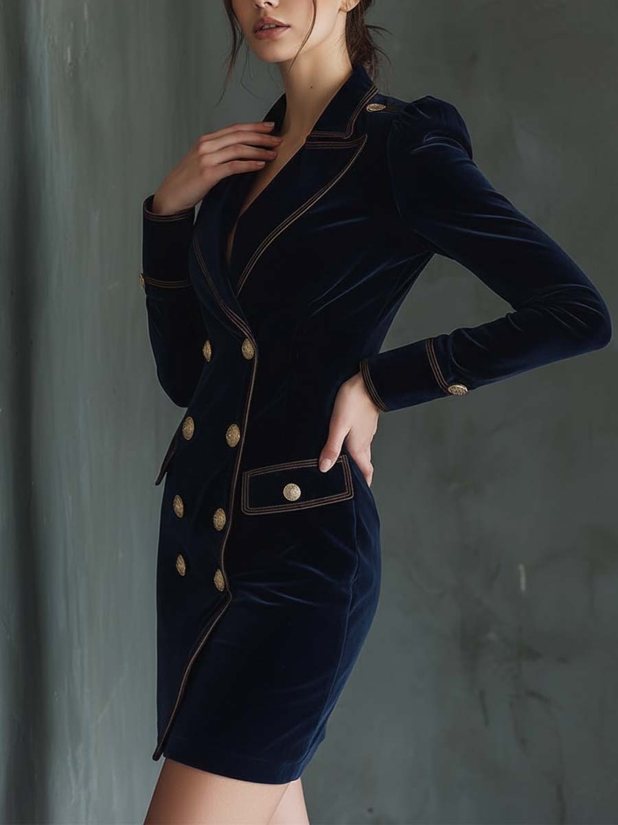 Midnight Navy Velvet Double-Breasted Blazer Dress