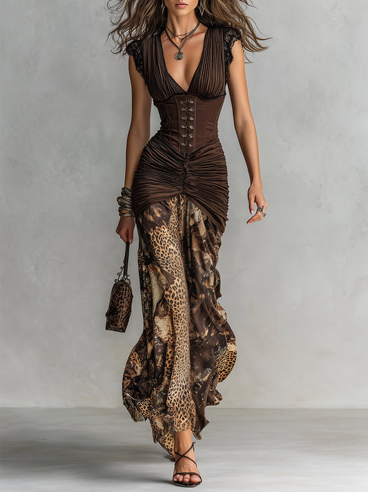 Vintage Corset Leopard Print Pleated Maxi Dress