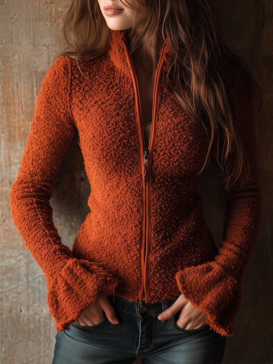 Boho Teddy Velvet Ruffle Sleeve Slim Jacket