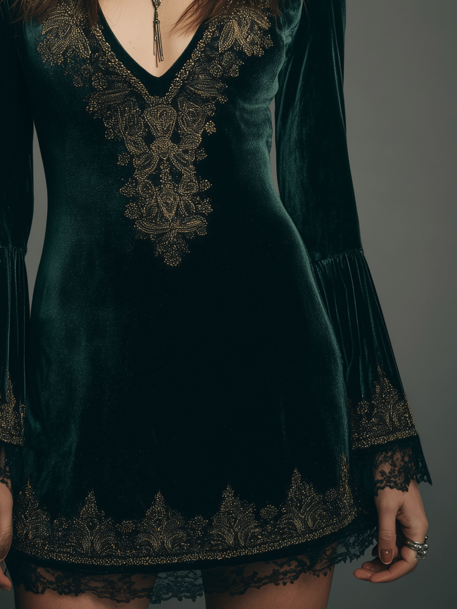 Elegant Deep Green Velvet Gold Embroidery V-Neck Lace Hem Detail  Mini Dress