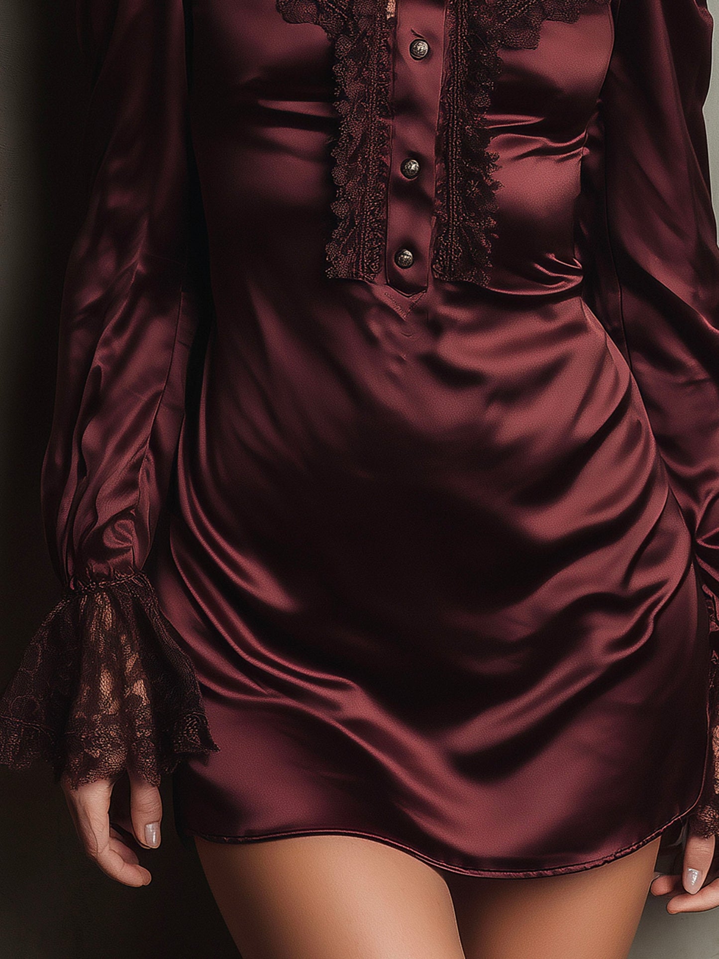 Vintage Burgundy Satin Mini Dress With Lace Accents