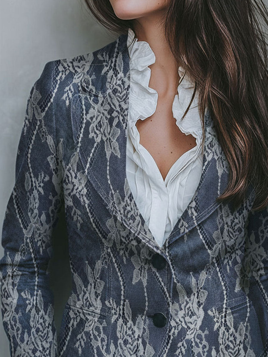 Vintage  Floral Lace Pattern Denim Brocade Tailored Blazer