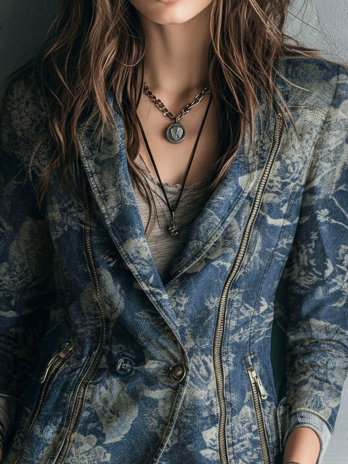 Vintage Blue Floral Double-Breasted Denim Blazer