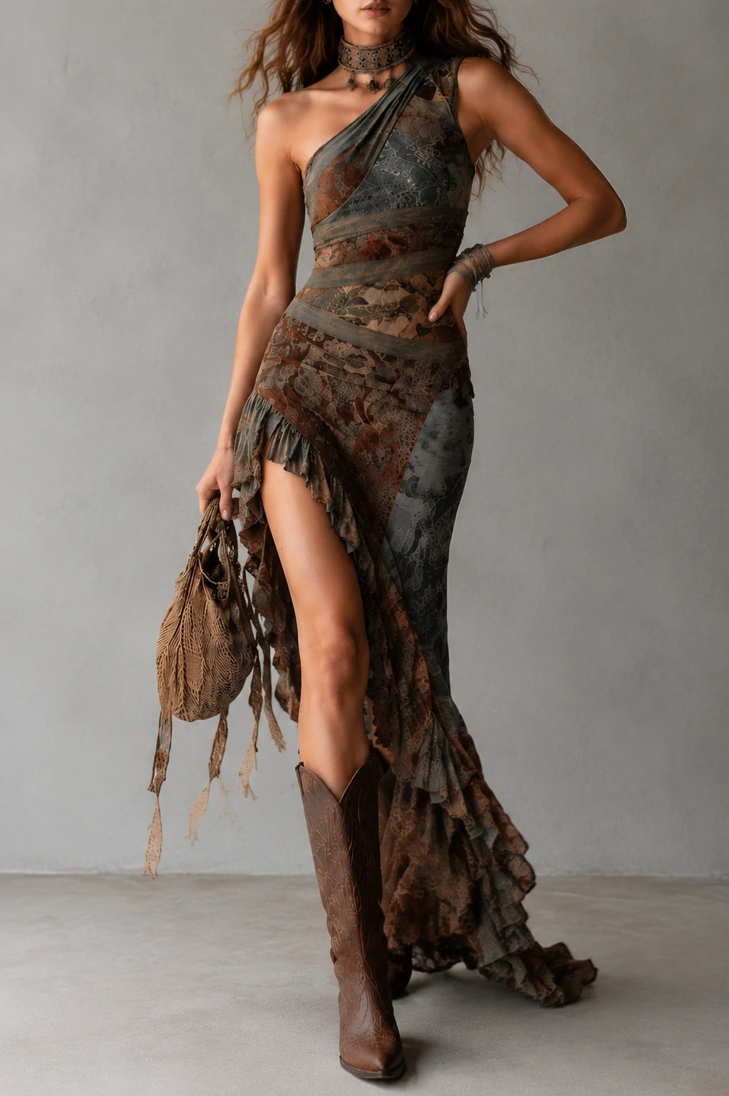 Retro Ethnic Style Printed One-shoulder High Slit Maxi Dress
