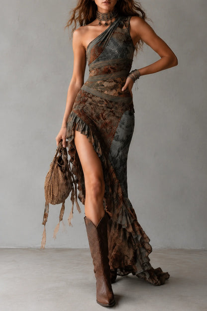 Retro Ethnic Style Printed One-shoulder High Slit Maxi Dress