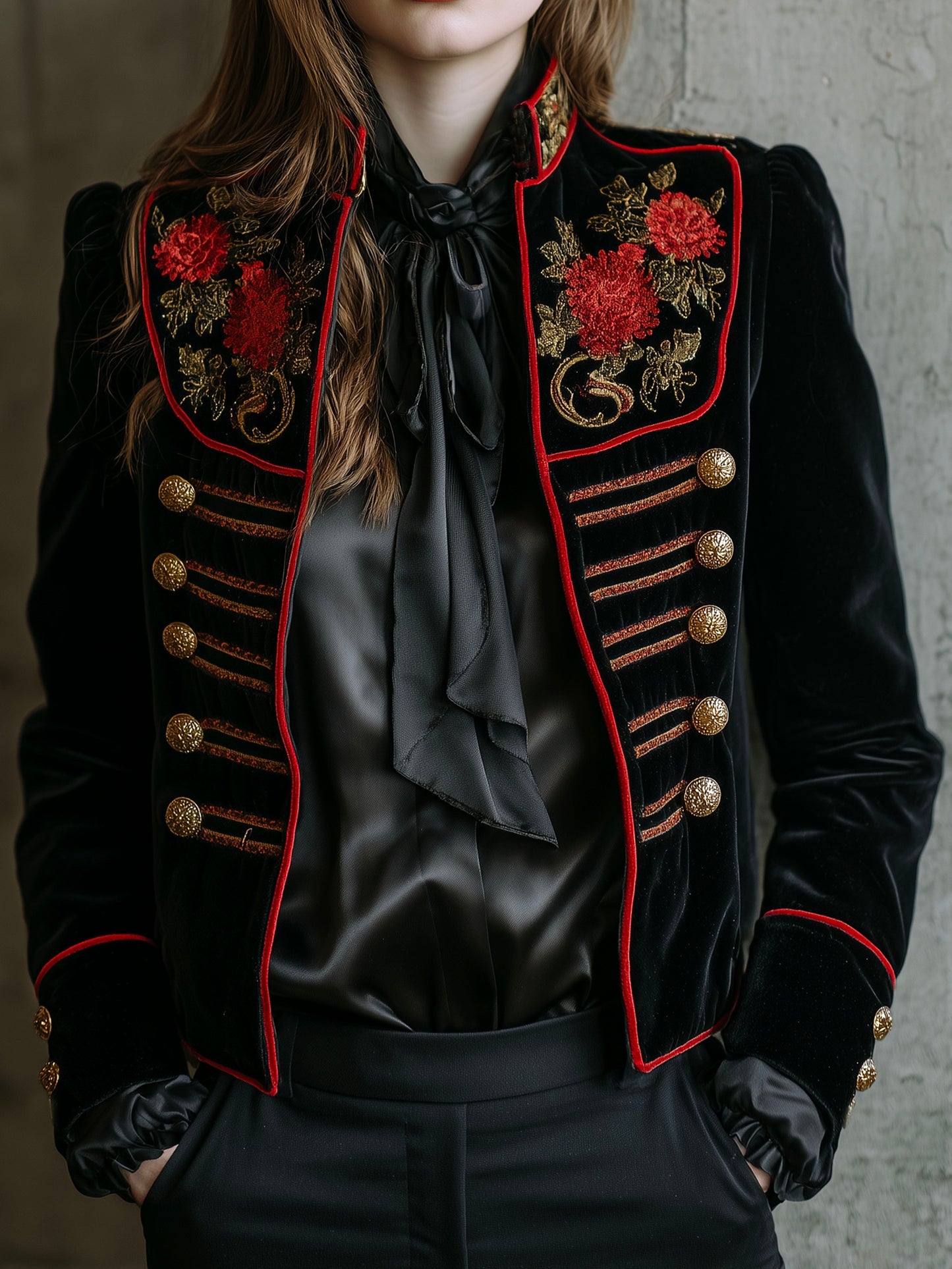 Retro Black Velvet Embroidered Gold Buttons Military Jacket