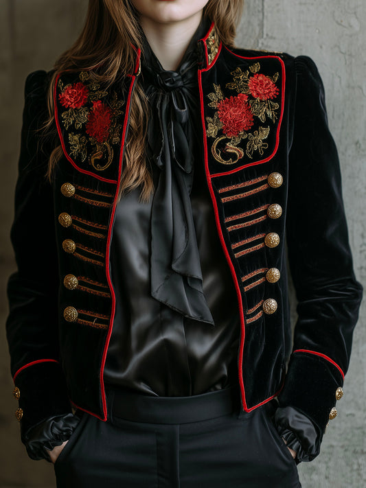 Retro Black Velvet Embroidered Gold Buttons Military Jacket