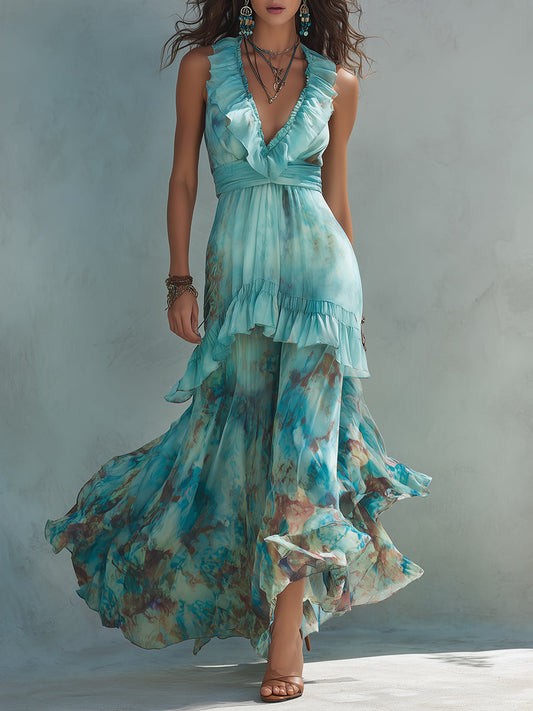 Bohemian Printed Chiffon Maxi Dress With Ruffles