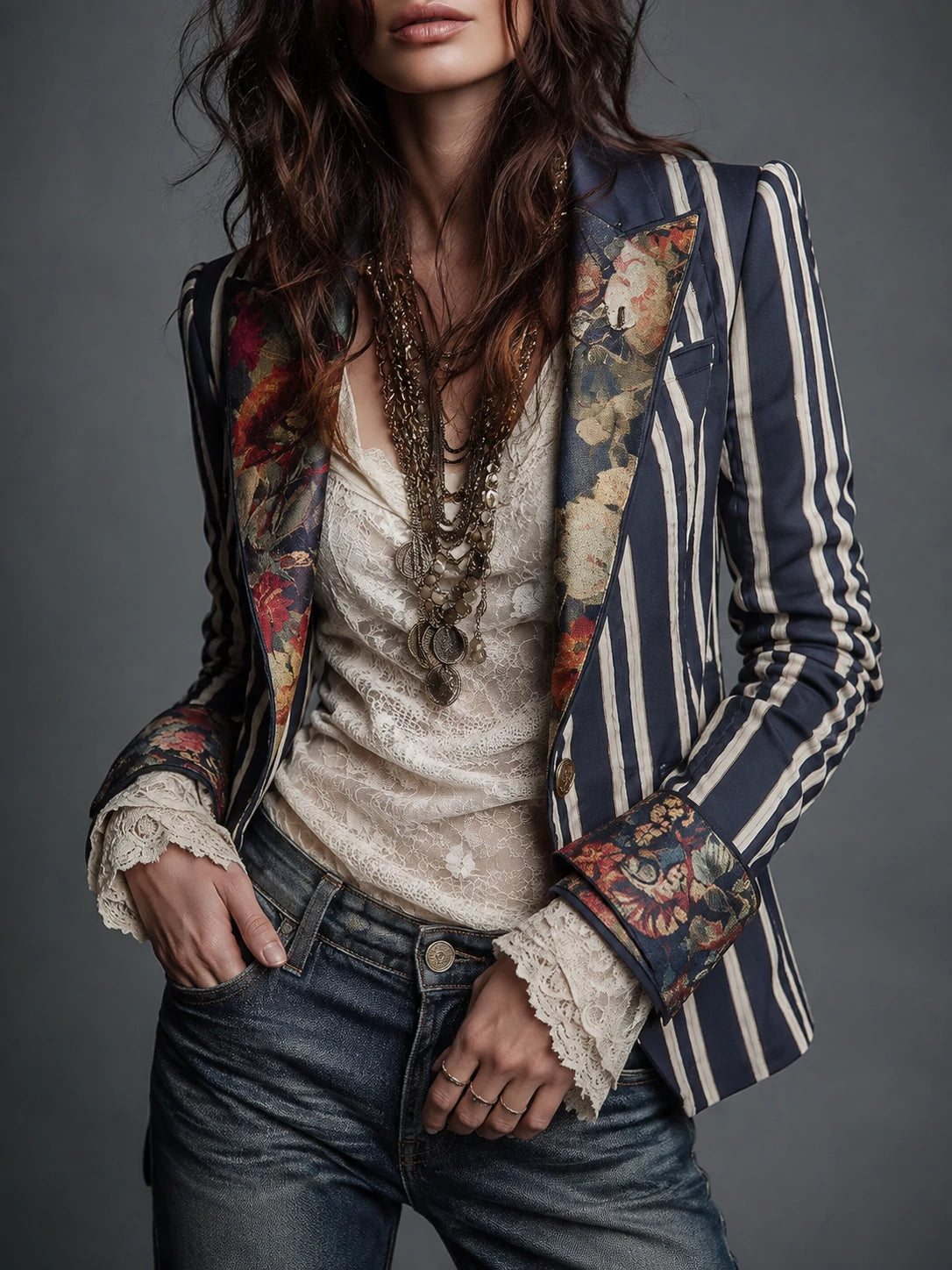 Bohemian Floral Print Cotton And Linen Striped Blazer