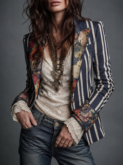 Bohemian Floral Print Cotton And Linen Striped Blazer