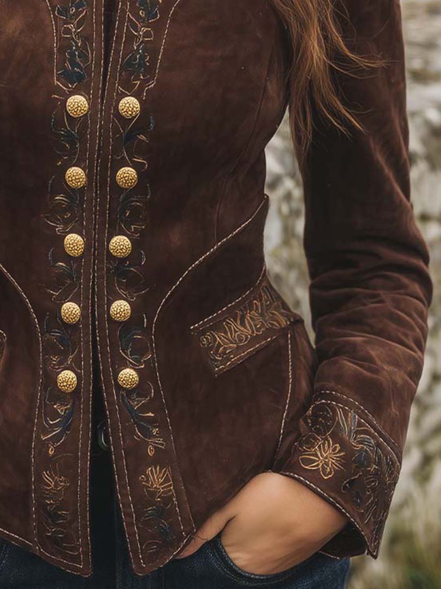 Baroque Gold Embroidered Micro Suede Slim-fit Jacket