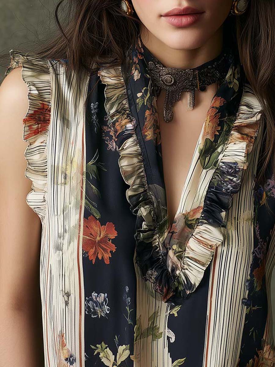 Vintage Boho Floral Stripe Ruffle Sleeveless Blouse