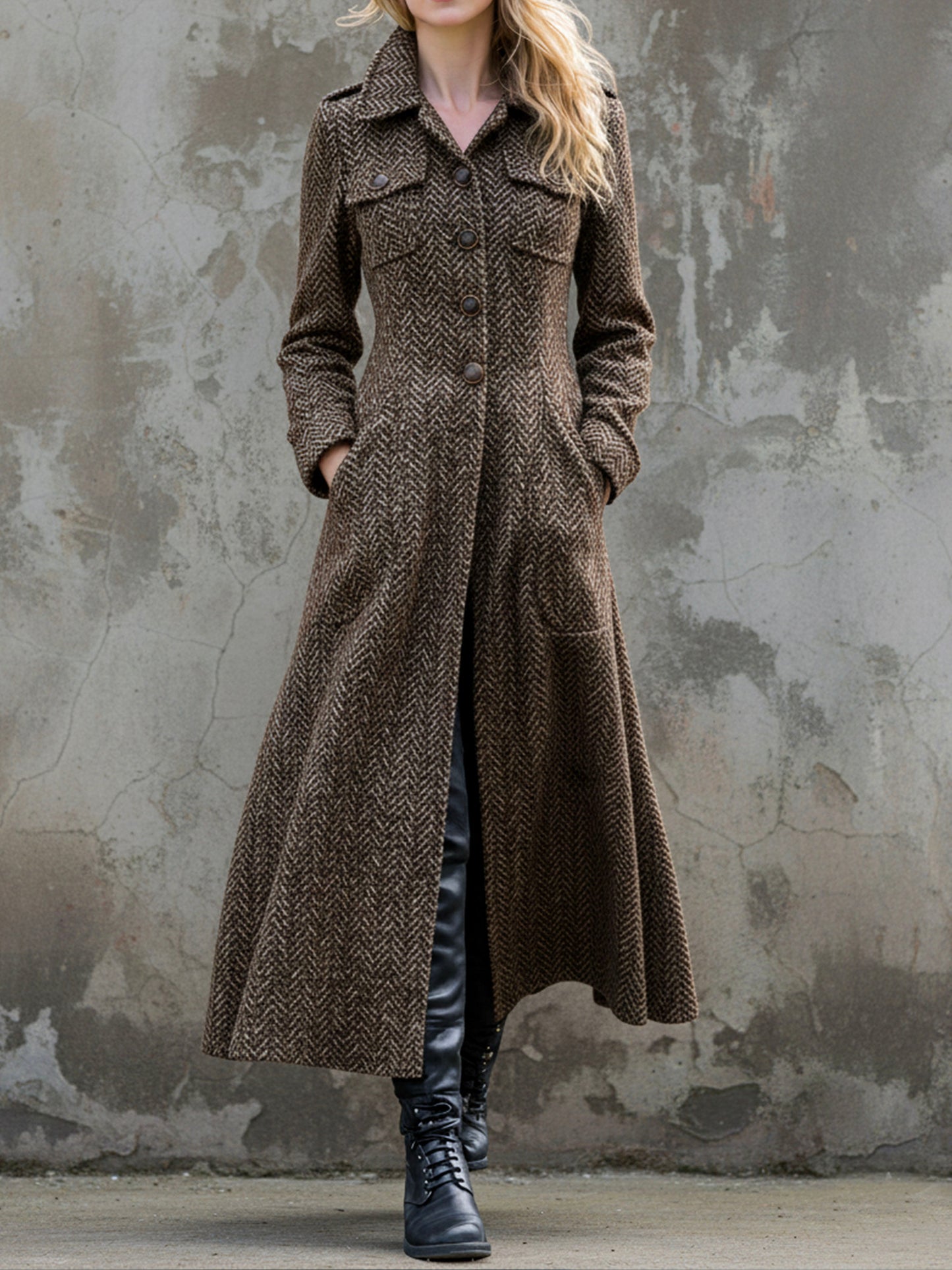 Military Brown Herringbone Wool Tailored Overcoat