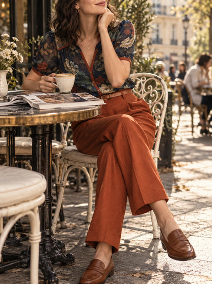 Dark Floral Sheer Blouse & Rust Wide-Leg Trousers Set