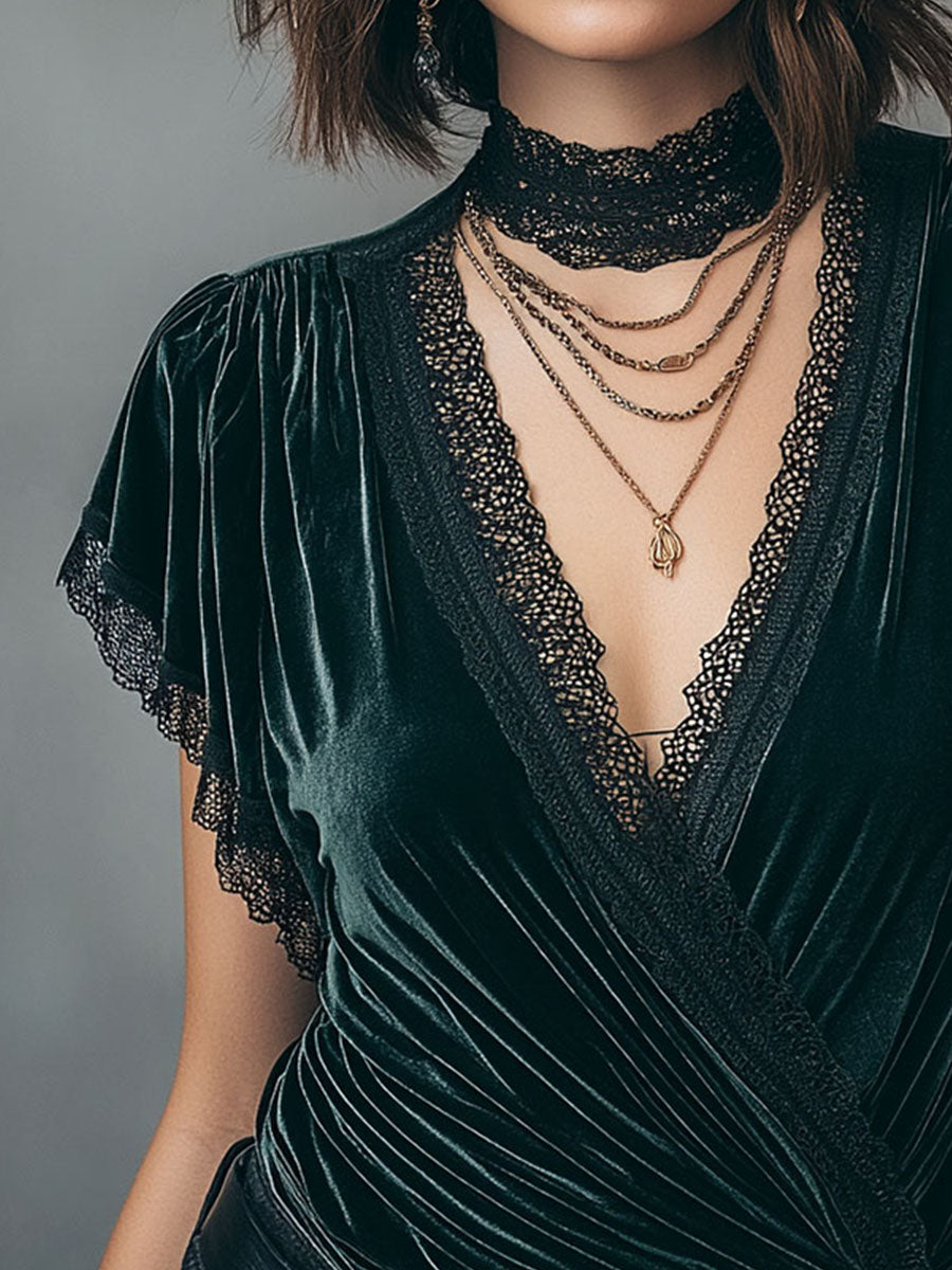 Vintage V-Neck Velvet Wrap Blouse With Lace Trim
