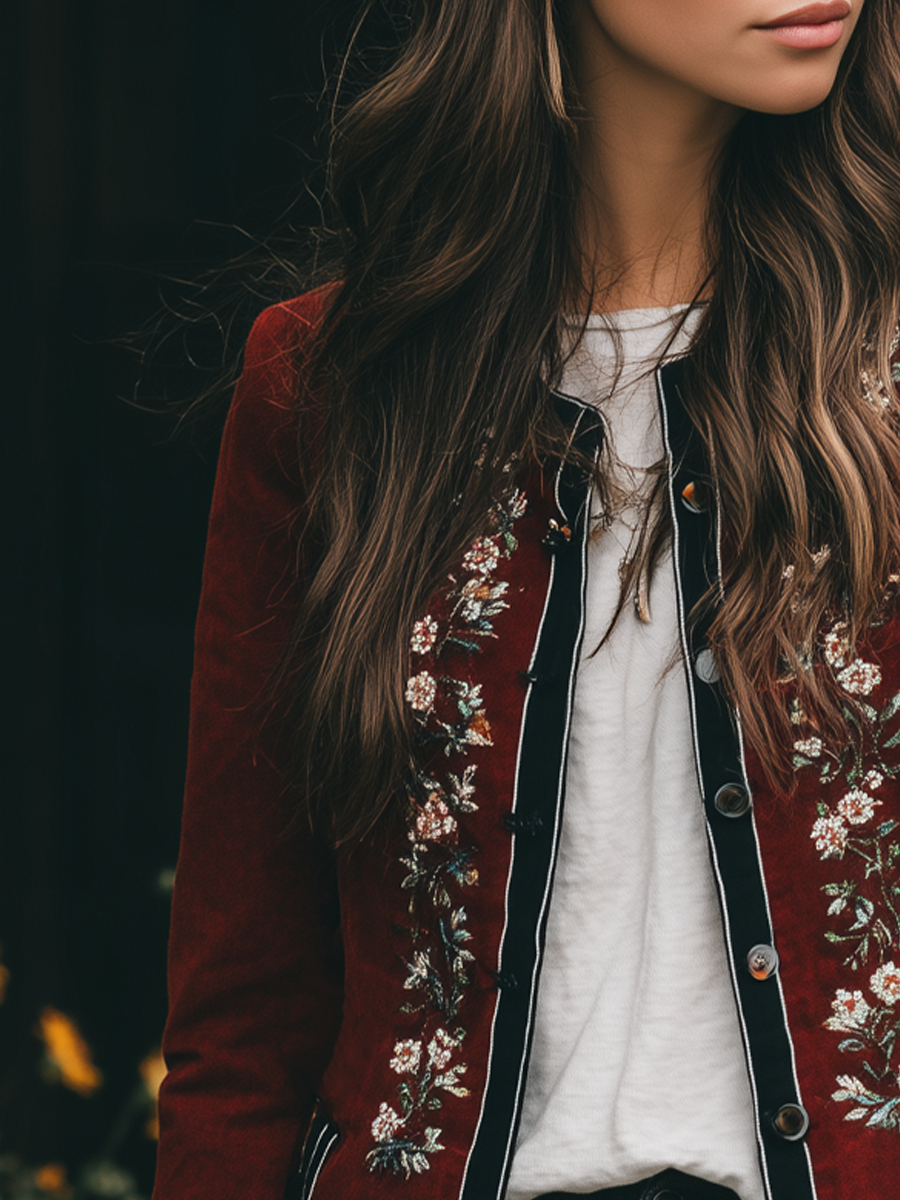 Vintage Contrasting Trim Embroidered Velvet Jacket