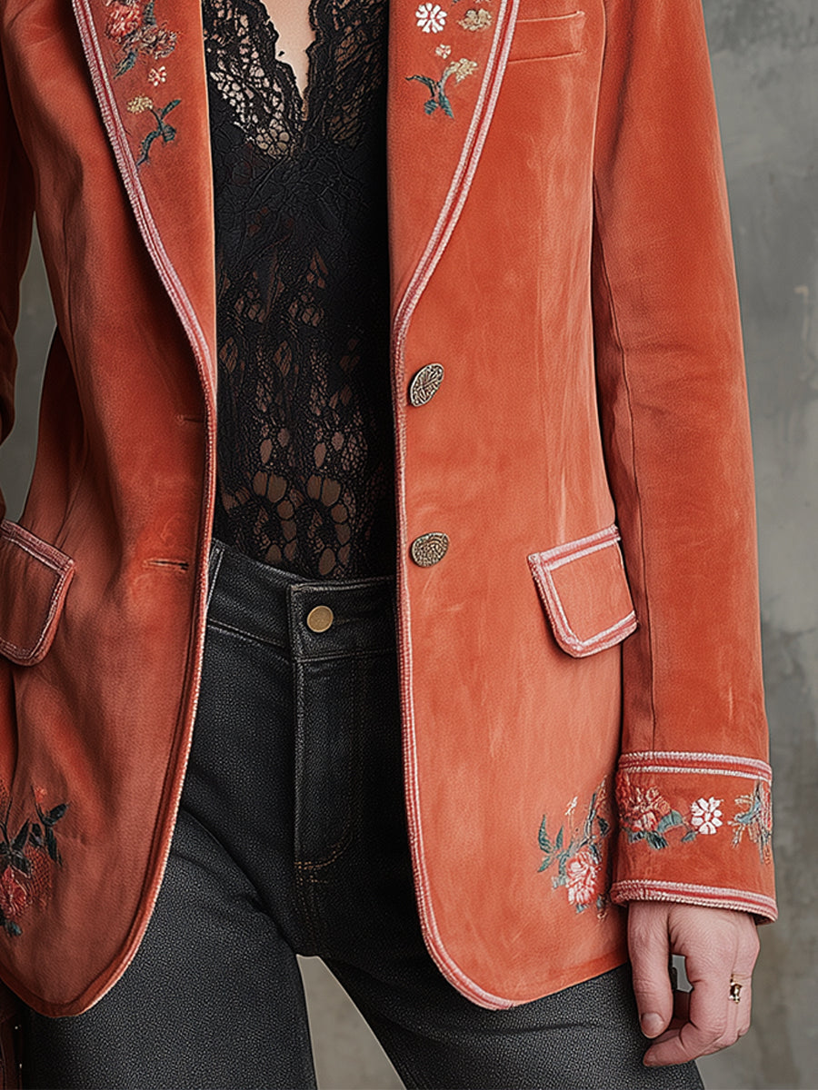 Bohemian Floral Embroidered Hemmed Suede Blazer