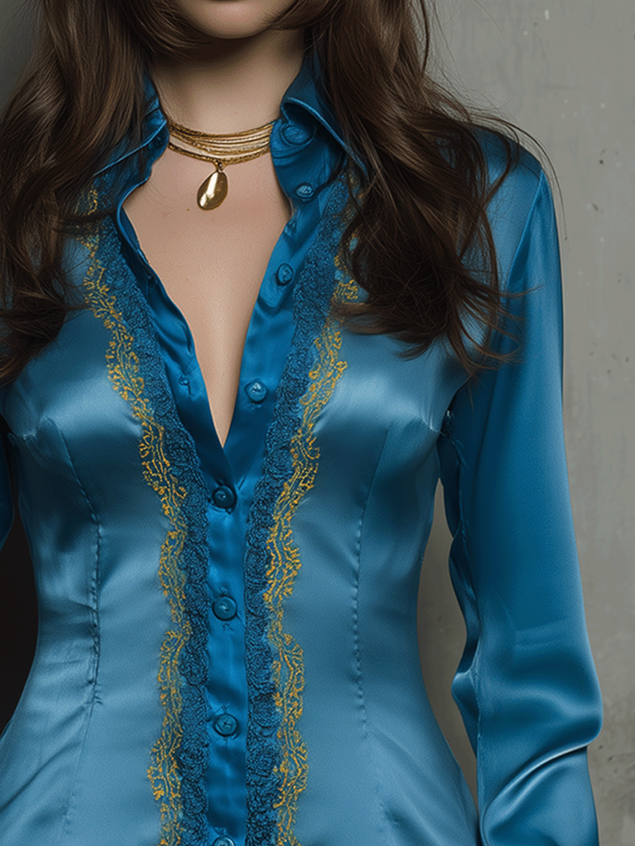 Elegant Baroque Satin Embroidered Shirt