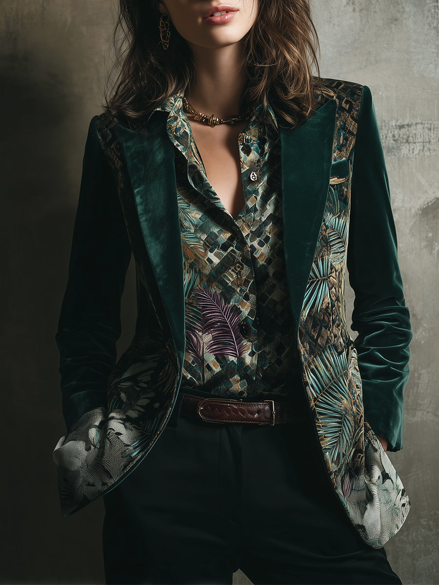 Quiet Luxury Tropical Palm Motif Polyester Velvet Lapel Blazer