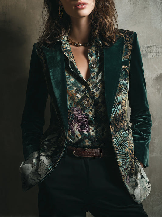 Quiet Luxury Tropical Palm Motif Polyester Velvet Lapel Blazer