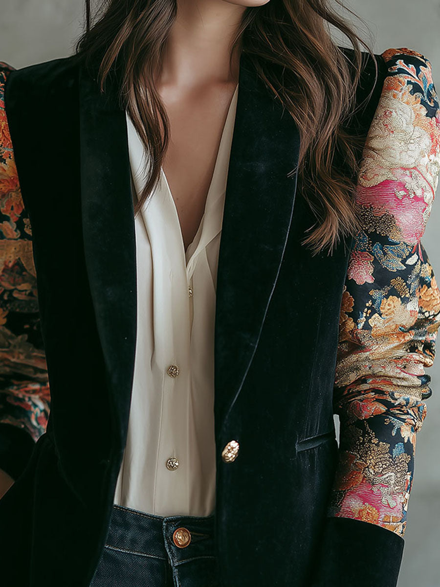 Elegant Contrast Velvet Blazer With Print Patterned Sleeves