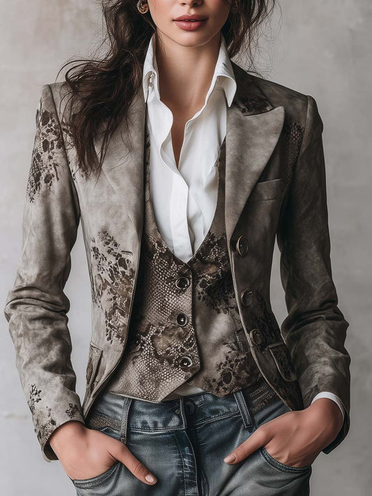 Vintage Floral Snake Pattern Eco-Suede Printed Blazer