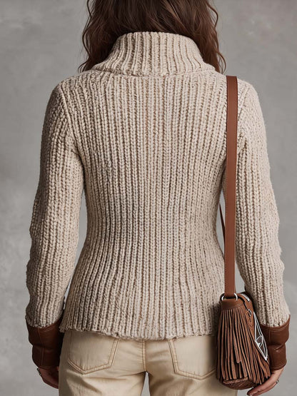 Vintage Contrast Faux Leather Trim Knit Cardigan