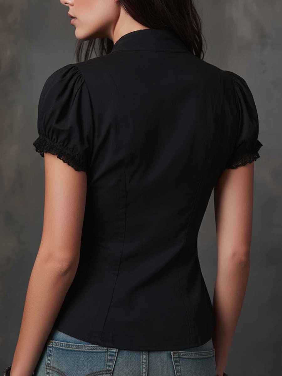 Retro Pleated-Placket Short-sleeved Blouse With Lace Trim